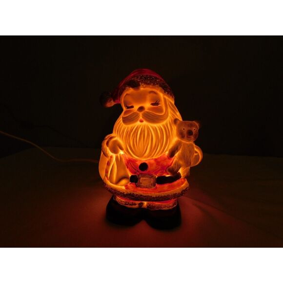 Santa Claus Vintage Painted Ceramic Figure Electric Lighted 6" W/Christmas Bear - Picture 2 of 9